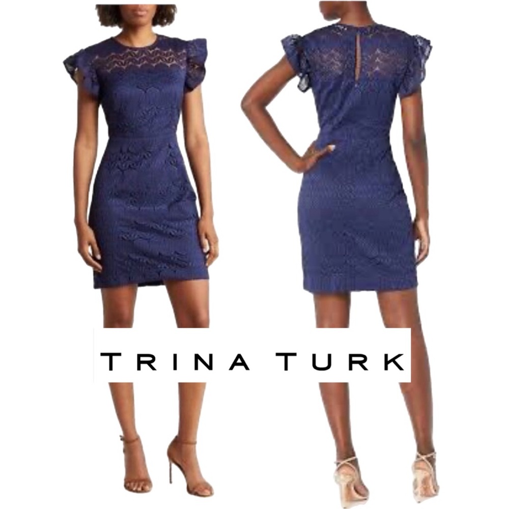 TRINA TURK Mai-Tai Ruffle-Sleeve Lace Sheath Dress in Navy Blue Size 10